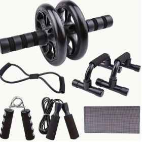 Seven-piece Fitness Set For Small Home Use, Skipping Rope, Grip Strengthener, Push-ups, Abdominal Wheel, Muscle - Portable Equipment For Muscle Streng (Color: Black)