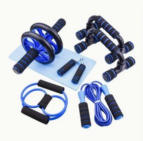 Seven-piece Fitness Set For Small Home Use, Skipping Rope, Grip Strengthener, Push-ups, Abdominal Wheel, Muscle - Portable Equipment For Muscle Streng (Color: Blue)